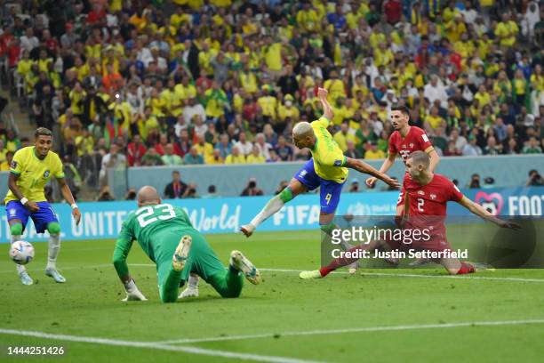 Richarlison of Brazil scores their team's first goal during the FIFA World Cup Qatar 2022 Group G match between Brazil and Serbia at Lusail Stadium...