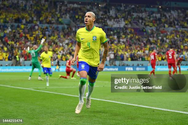 Richarlison of Brazil celebrates after scoring their team's first goal during the FIFA World Cup Qatar 2022 Group G match between Brazil and Serbia...