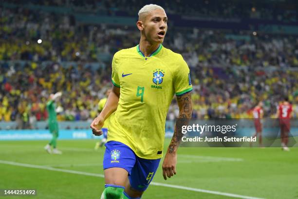 Richarlison of Brazil celebrates after scoring their team's first goal during the FIFA World Cup Qatar 2022 Group G match between Brazil and Serbia...