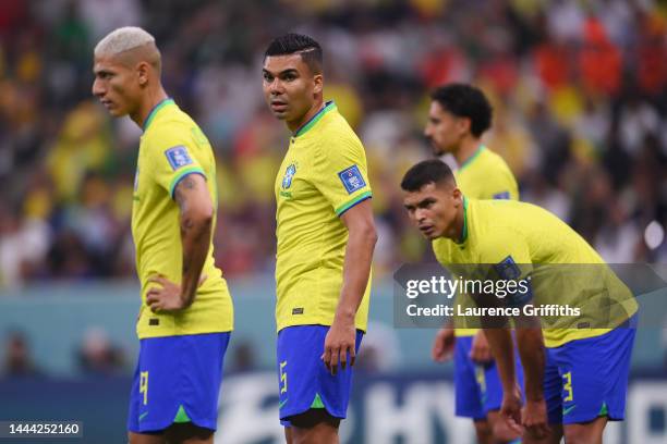 Richarlison, Casemiro and Thiago Silva of Brazil are seen during the FIFA World Cup Qatar 2022 Group G match between Brazil and Serbia at Lusail...