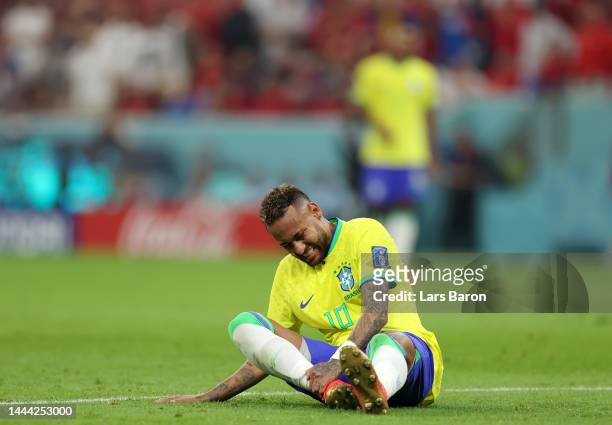 Neymar of Brazil reacts during the FIFA World Cup Qatar 2022 Group G match between Brazil and Serbia at Lusail Stadium on November 24, 2022 in Lusail...