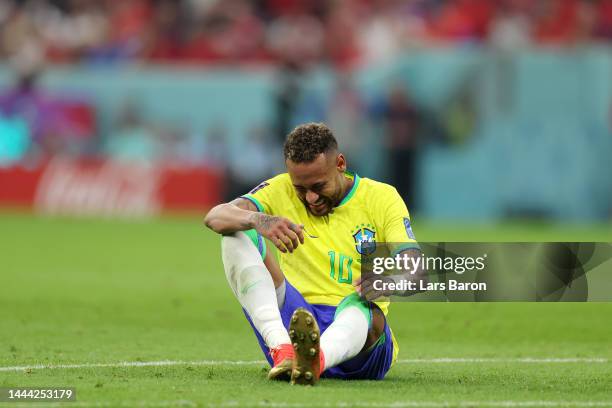 Neymar of Brazil reacts during the FIFA World Cup Qatar 2022 Group G match between Brazil and Serbia at Lusail Stadium on November 24, 2022 in Lusail...