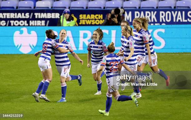 Natasha Dowie of Reading celebrate with team mates after scoring the 2nd goal during the FA Women's Super League match between Reading and Liverpool...