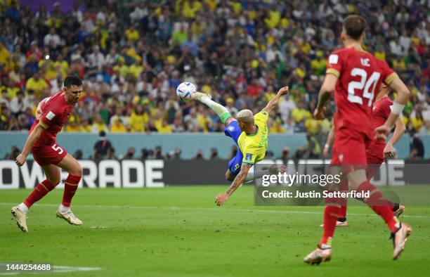 Richarlison of Brazil scores their team's second goal during the FIFA World Cup Qatar 2022 Group G match between Brazil and Serbia at Lusail Stadium...