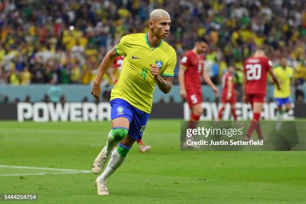 Richarlison of Brazil celebrates after scoring their team's second goal during the FIFA World Cup Qatar 2022 Group G match between Brazil and Serbia...