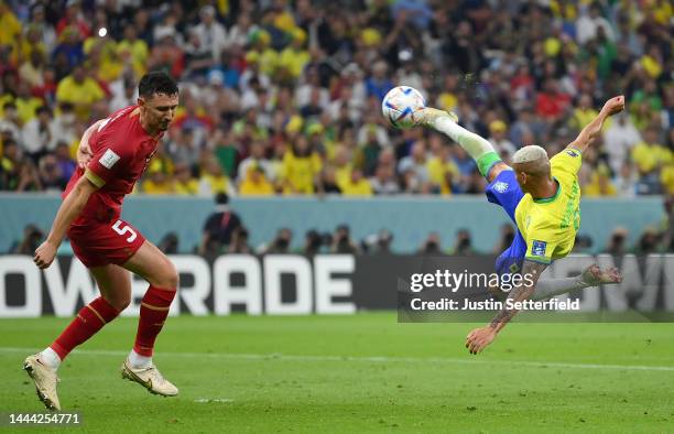 Richarlison of Brazil scores their team's second goal during the FIFA World Cup Qatar 2022 Group G match between Brazil and Serbia at Lusail Stadium...