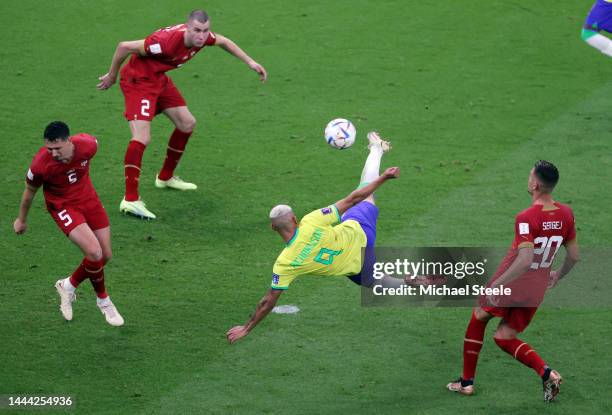 Richarlison of Brazil scores their team's second goal during the FIFA World Cup Qatar 2022 Group G match between Brazil and Serbia at Lusail Stadium...