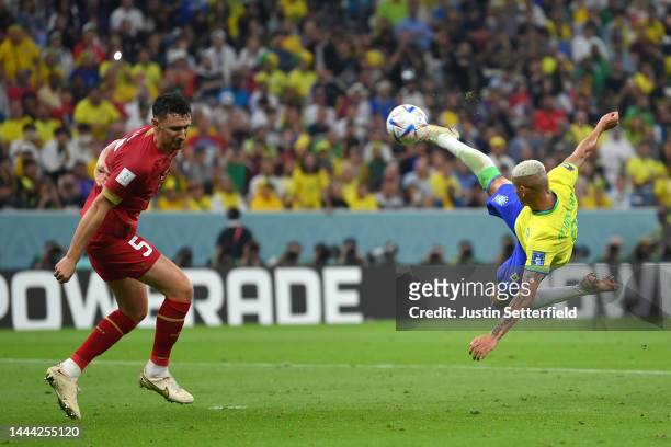 Richarlison of Brazil scores their team's second goal during the FIFA World Cup Qatar 2022 Group G match between Brazil and Serbia at Lusail Stadium...