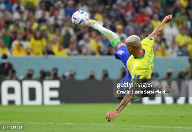 Richarlison of Brazil scores their team's second goal during the FIFA World Cup Qatar 2022 Group G match between Brazil and Serbia at Lusail Stadium...