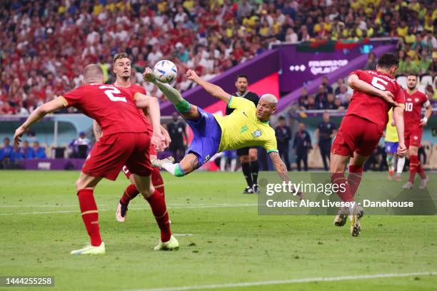 Richarlison of Brazil scores his side's second goal during the FIFA World Cup Qatar 2022 Group G match between Brazil and Serbia at Lusail Stadium on...