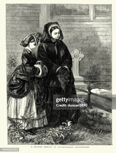 queen victoria on a visit to a sandringham churchyard, 1872 19th century - mourning stock illustrations