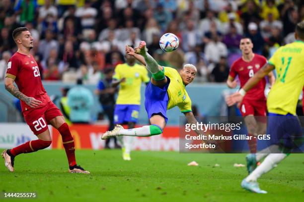 Richarlison of Brazil scores his team's second goal during the FIFA World Cup Qatar 2022 Group G match between Brazil and Serbia at Lusail Stadium on...