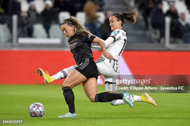 Barbara Bonansea of Juventus Women competes for the ball with Katie McCabe of Arsenal during the UEFA Women's Champions League group C match between...