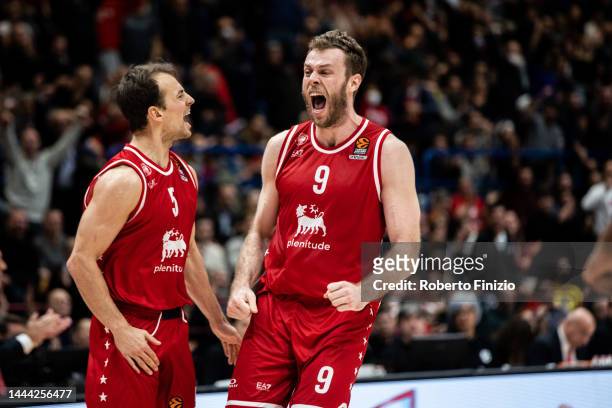 Kevin Pangos of EA7 Emporio Armani Milan and Nicolò Melli of EA7 Emporio Armani Milan celebrete during the 2022/2023 Turkish Airlines EuroLeague...