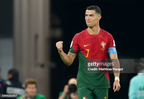 Cristiano Ronaldo of Portugal celebrates during the FIFA World Cup Qatar 2022 Group H match between Portugal and Ghana at Stadium 974 on November 24,...