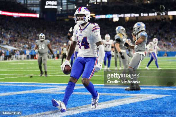 Stefon Diggs of the Buffalo Bills celebrates after scoring a touchdown against the Detroit Lions during the fourth quarter at Ford Field on November...