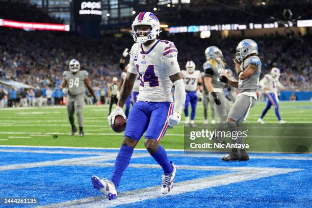 Stefon Diggs of the Buffalo Bills celebrates after scoring a touchdown against the Detroit Lions during the fourth quarter at Ford Field on November...