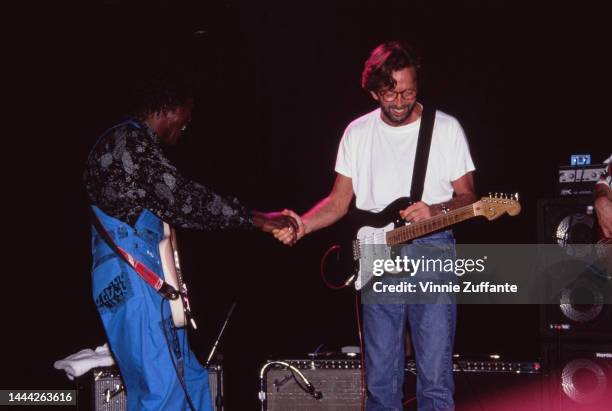 Buddy Guy and Eric Clapton on stage in Los Angeles, California, United States, September 1991.