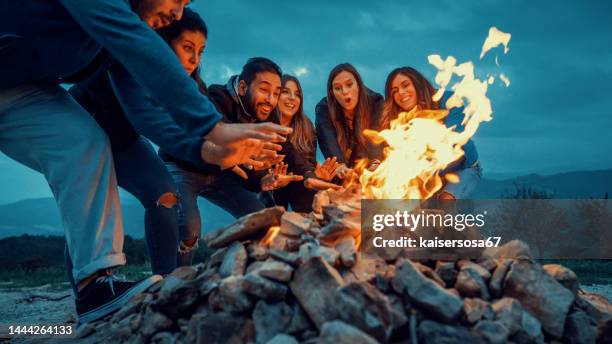 group of friends having fun together at night party around bonfire - friendship life style concept with happy people traveler making themselves warm by campfire at dusk night time - campfire stock pictures, royalty-free photos & images