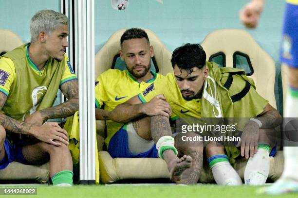 Neymar Jr of Brazil back on the bench with an injured right ankle during the FIFA World Cup Qatar 2022 Group G match between Brazil and Serbia at...