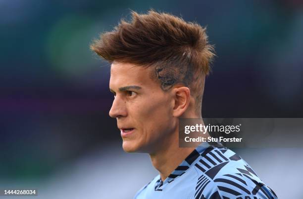 The Lion tattoo on the side of the head of Uruguay goalkeeper Sebastian Sosa during the FIFA World Cup Qatar 2022 Group H match between Uruguay and...