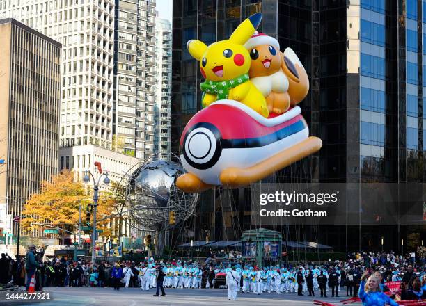 Pikachu and Eevee balloon at 2022 Macy's Thanksgiving Day Parade on November 24, 2022 in New York City.