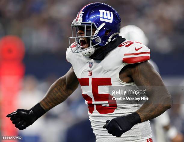 Jihad Ward of the New York Giants celebrates after a play during the first half in the game against the Dallas Cowboys at AT&T Stadium on November...