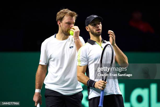 Kevin Krawietz and Tim Puetz of Germany look on during the Davis Cup by Rakuten Finals 2022 quarter-finals doubles match between Germany and Canada...
