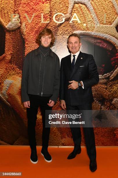 Andrey Rublev and Bvlgari Executive Vice President Sales and Retail Lelio Gavazza attend the launch event for the Bulgari Serpenti Metamorphosis...