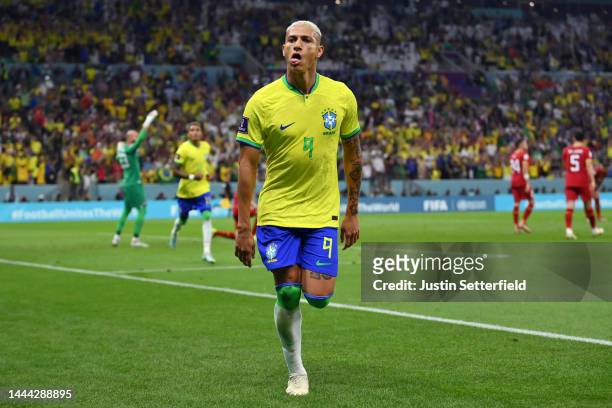 Richarlison of Brazil celebrates after scoring their team's first goal during the FIFA World Cup Qatar 2022 Group G match between Brazil and Serbia...