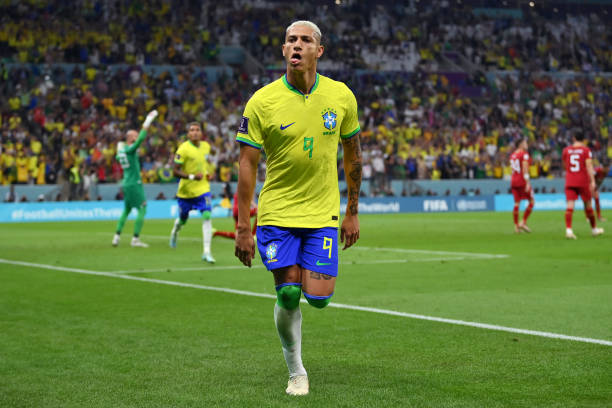 Richarlison of Brazil celebrates after scoring their team‍‍`s first goal during the FIFA World Cup Qatar 2022 Group G match between Brazil and Serbia...