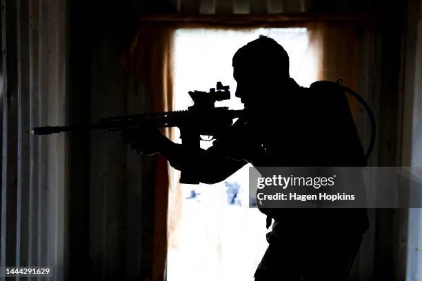 Soldier takes part in a simulated training exercise during Exercise Torokiki at Linton Military Camp on November 25, 2022 in Palmerston North, New...