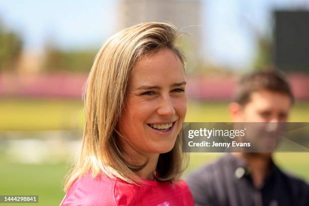 Sixers captain Ellyse Perry talks during a media opportunity ahead of the Women's Big Bash League Grand Final between Sydney Sixers and Adelaide...