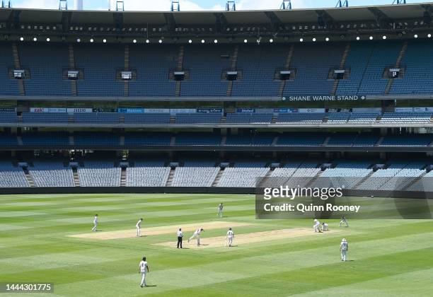 General view of play infront of the Shane Warne Stand during the Sheffield Shield match between Victoria and Tasmania at Melbourne Cricket Ground, on...