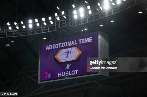 Board displaying the 7 additional minutes of extra time during the FIFA World Cup Qatar 2022 Group D match between France and Australia at Al Janoub...