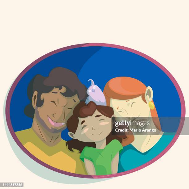 father, mother and daughter photography illustration - children taking selfie stock illustrations
