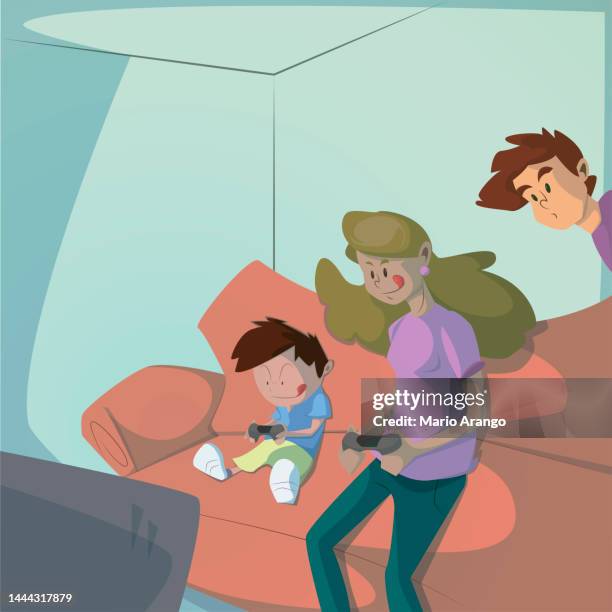 illustration der familie im wohnzimmer beim spielen - unhealthy living stock-grafiken, -clipart, -cartoons und -symbole