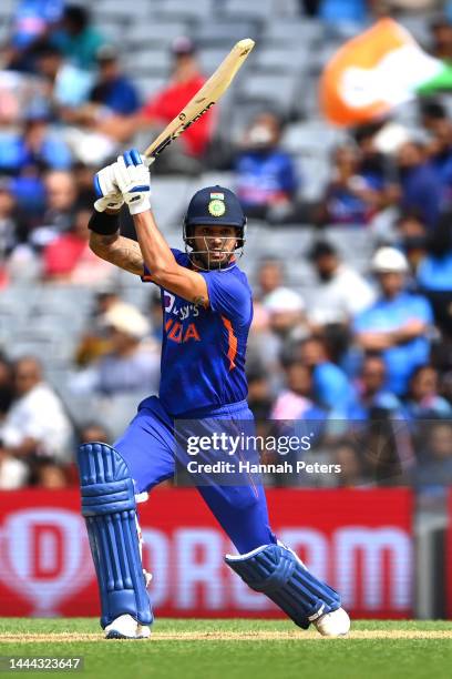 Shikhar Dhawan of India bats during game one of the One Day International series between New Zealand and India at Eden Park on November 25, 2022 in...