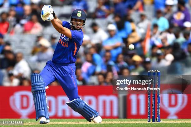Shikhar Dhawan of India bats during game one of the One Day International series between New Zealand and India at Eden Park on November 25, 2022 in...