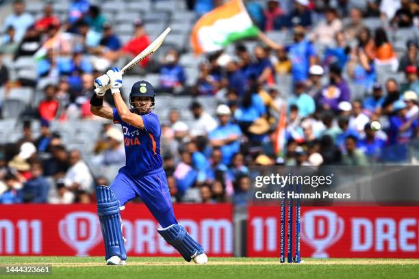 Shikhar Dhawan of India bats during game one of the One Day International series between New Zealand and India at Eden Park on November 25, 2022 in...