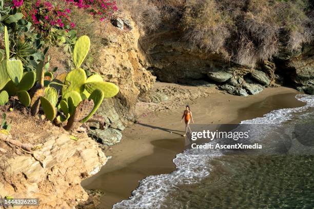 femme sur une magnifique plage à agia pelagia, crète - crète photos et images de collection