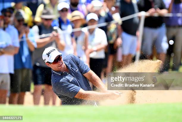 Ryan Fox of New Zealand plays a shot out of the bunker on the 3rd hole during Day 2 of the 2022 Australian PGA Championship at the Royal Queensland...