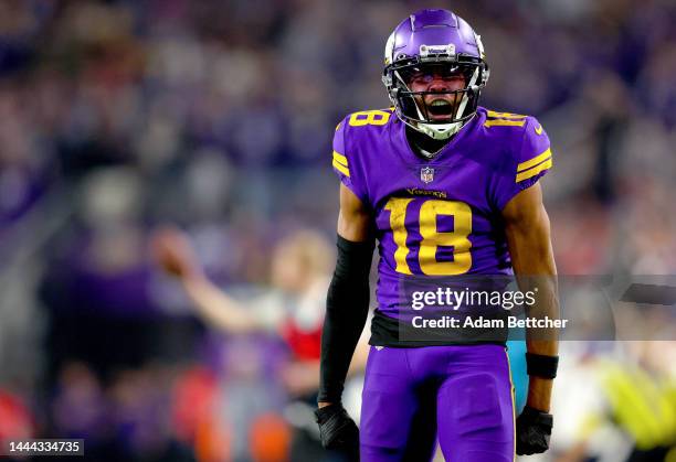 Justin Jefferson of the Minnesota Vikings reacts after a play against the New England Patriots during the fourth quarter at U.S. Bank Stadium on...