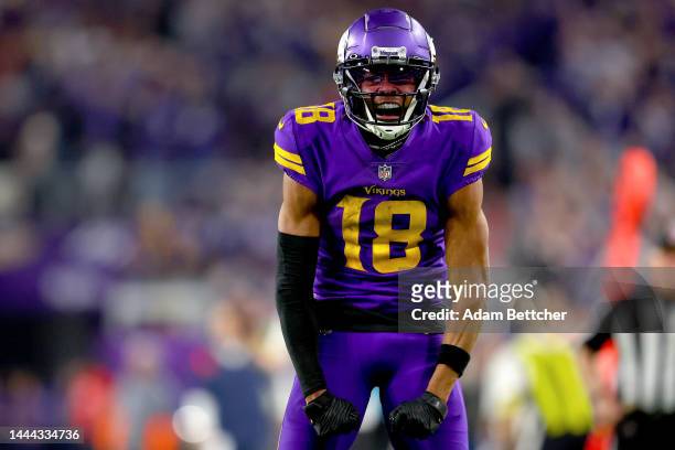 Justin Jefferson of the Minnesota Vikings reacts after a play against the New England Patriots during the fourth quarter at U.S. Bank Stadium on...