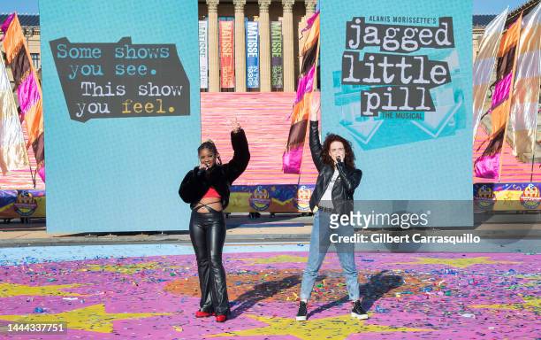 Actor/singers Lauren Chanel and Jade McLeod of 'Jagged Little Pill' the musical are seen during the 103rd 6abc Dunkin' Donuts Thanksgiving Day Parade...