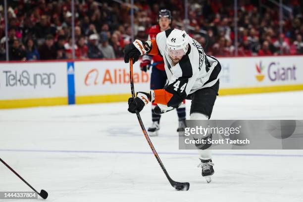 Nicolas Deslauriers of the Philadelphia Flyers shoots the puck against the Washington Capitals during the first period of the game at Capital One...