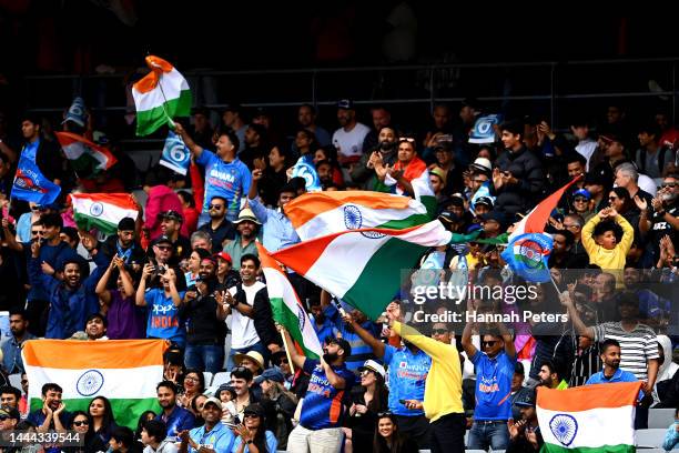 Indian fans show their support during game one of the One Day International series between New Zealand and India at Eden Park on November 25, 2022 in...