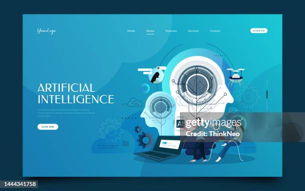 menschen bauen den roboter. erfolgreiche geschäftsleute und künstliche intelligenz. - unternehmer stock-grafiken, -clipart, -cartoons und -symbole