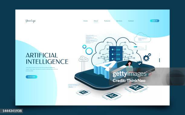 artificial intelligence with women working on laptop blue virtual cyberspace leaning towards at screen smartphone. - cyberspace stock illustrations