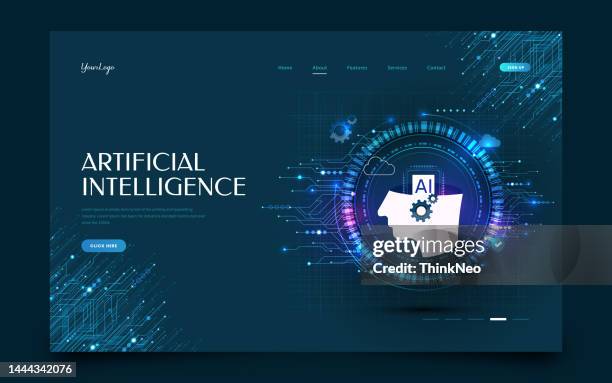 ai or artificial intelligence in image robot head hover over podium in virtual cyberspace. - cyberspace stock illustrations